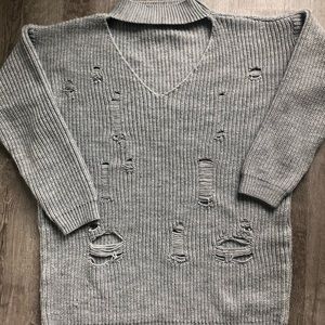 Missguided - Gray Sweater Dress Distressed Choker